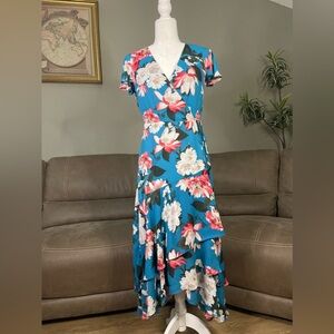 INC Blue Pink Floral Wrap High Low Dress with Flutter Sleeves Sz 6